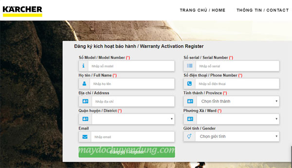 Nhập thông tin bảo hành máy rửa xe Karcher