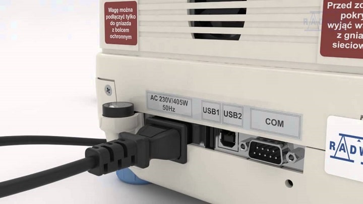 Cân sấy ẩm được thiết kế với cổng kết nối máy tính, máy in