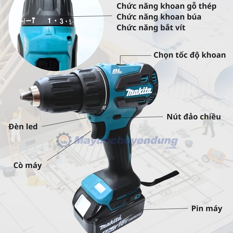 Cấu tạo của máy khoan búa và vặn vít dùng pin Makita DHP490SFX1 Cấu tạo của máy khoan búa và vặn vít dùng pin Makita DHP490SFX1