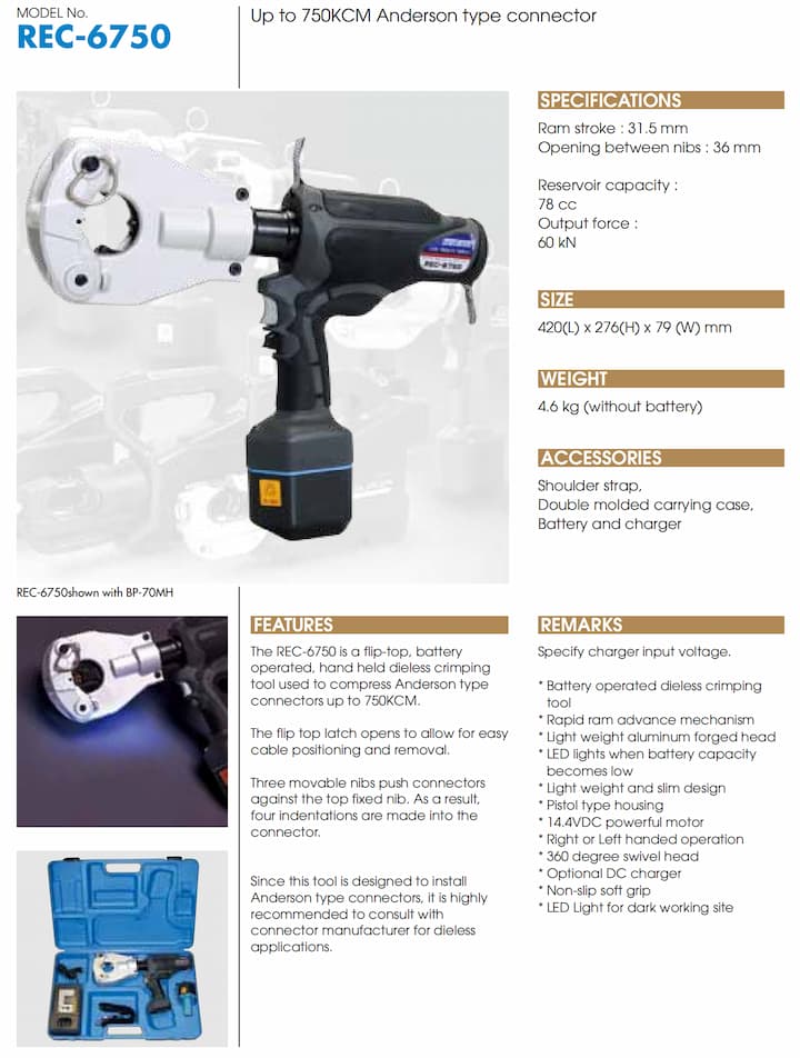 Máy ép cos thủy lực dùng pin IZUMI REC-6750 nhỏ gọn, tiện lợi