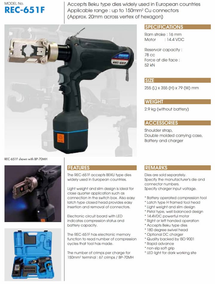 Máy ép cos thủy lực dùng pin IZUMI REC-651F sở hữu thiết kế dạng súng lục cân đối