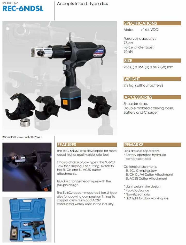 Máy ép cos thủy lực pin IZUMI REC-6NDSL sở hữu thiết kế dạng súng lục nhỏ gọn