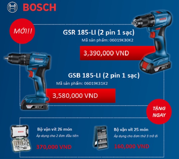 CTKM dành cho Bosch GSR 185-LI (2 pin 1 sạc) hoặc Bosch GSB 185-LI (2 pin 1 sạc)
