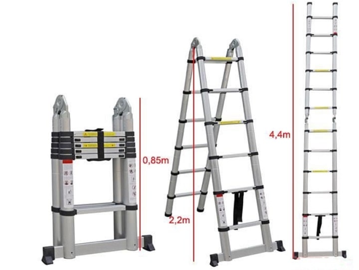 Thang nhôm rút có chiều cao chữ I tối đa 4,4m và thang chữ A cao tối đa 2,2m Thang nhôm rút có chiều cao chữ I tối đa 4,4m và thang chữ A cao tối đa 2,2m