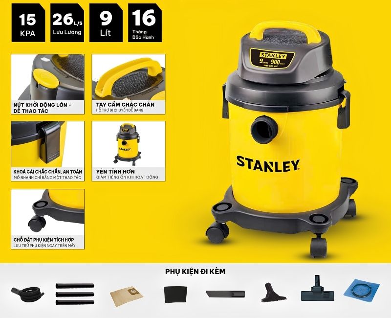 Máy hút bụi khô ướt 9 lít Stanley SL19128PA làm sạch bụi bẩn hiệu quả