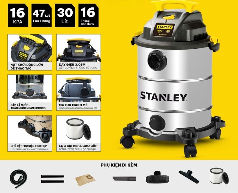 Máy hút bụi công nghiệp Stanley SL19417-8AB công suất lớn, lực hút mạnh