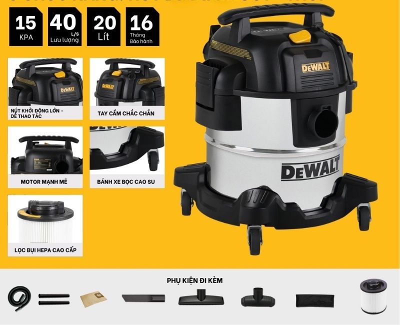Máy hút bụi 3 chức năng 20L Dewalt DXV20SA hút nhanh và mạnh với động cơ công suất lớn