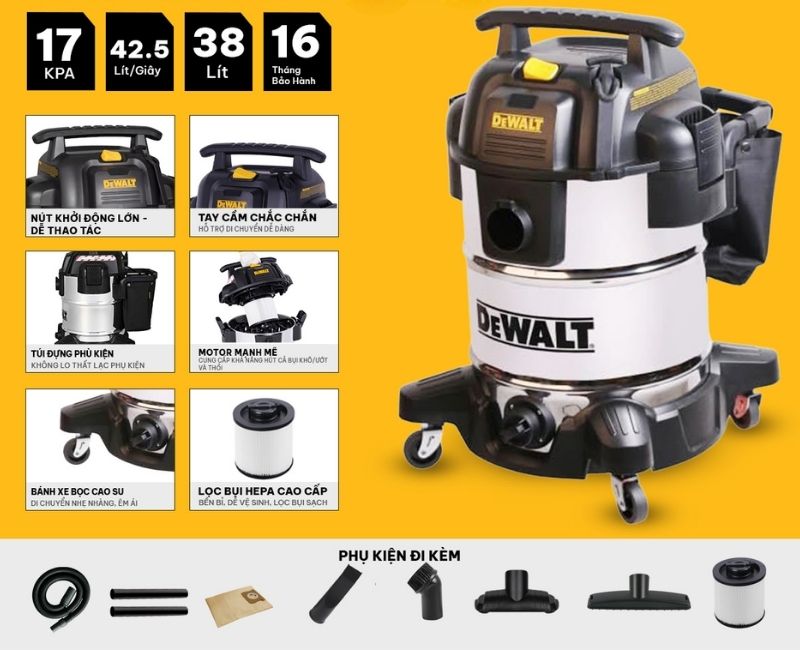 Máy hút bụi công nghiệp 3 chức năng 38L Dewalt DXV38SD hiệu suất cao, hút bụi khô và bụi ướt
