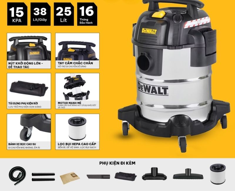 Máy hút bụi công nghiệp 3 chức năng 25L Dewalt DXV25SA hiệu suất cao, hút sạch bụi bẩn