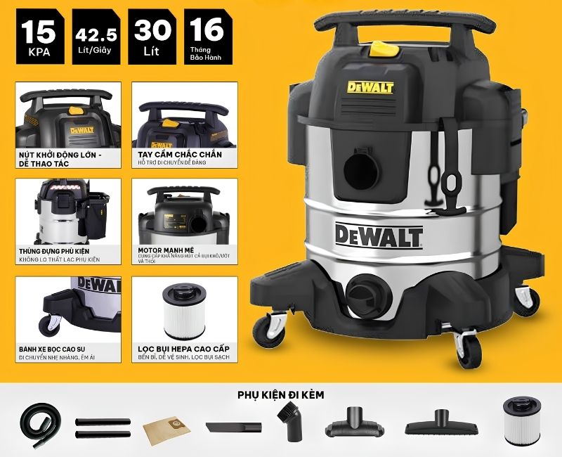 Máy hút bụi công nghiệp Dewalt DXV30SC công suất lớn, hút 3 chức năng
