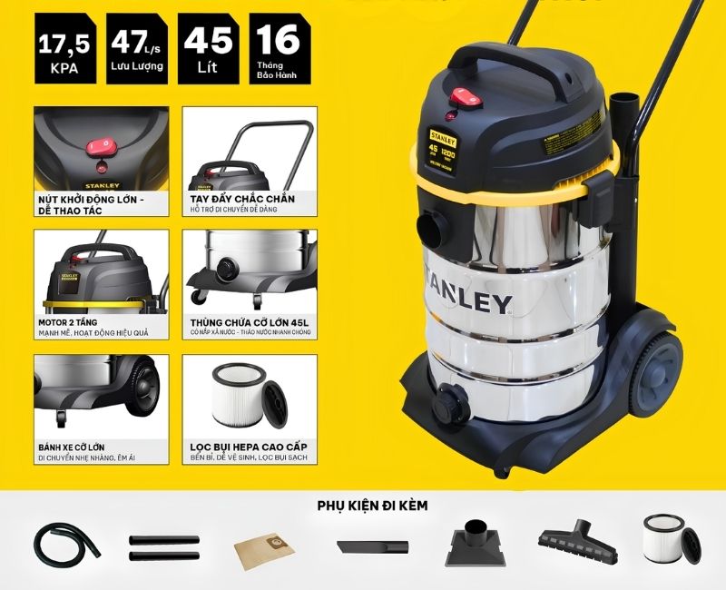 Máy hút bụi công nghiệp 3 chức năng 45L Stanley SL19501-12BA đa chức năng, công suất lớn Máy hút bụi công nghiệp 3 chức năng 45L Stanley SL19501-12BA đa chức năng, công suất lớn