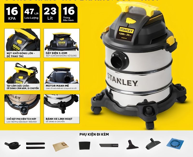 Máy hút bụi công nghiệp 3 chức năng 23 lít Stanley SL19417-6AB hút nhanh, mạnh mẽ