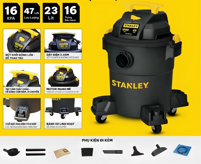 Máy hút bụi công nghiệp Stanley SL19417P-6AB công suất lớn, lực hút thổ mạnh