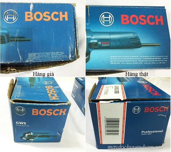Logo Bosch trên hộp máy mài Bosch giả hơi có màu cam nhạt 
