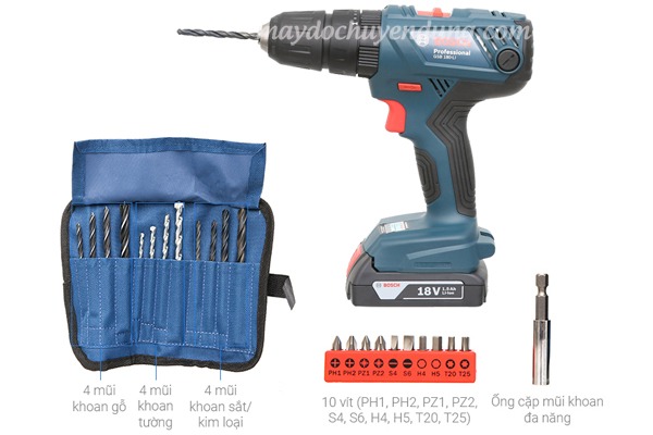 Bosch GSB 180 li được đi kèm với bộ 3 mũi khoan