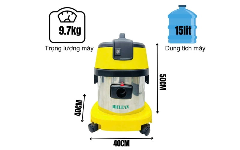 Máy hút bụi công nghiệp HiClean HC15A thiết kế gọn gàng, trọng lượng nhẹ