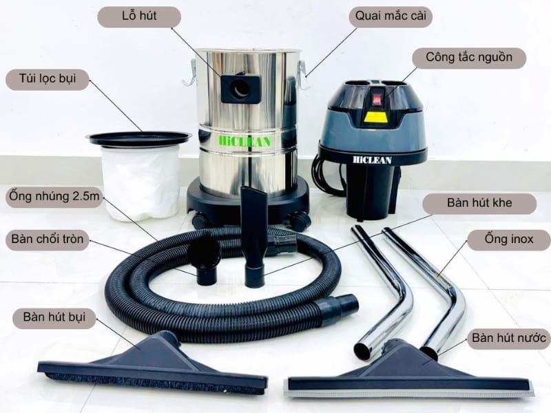 Chi tiết các bộ phận của máy hút bụi công nghiệp HiClean HC30 NEW