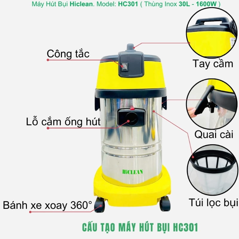 Cấu tạo của máy hút bụi công nghiệp Hiclean HC301