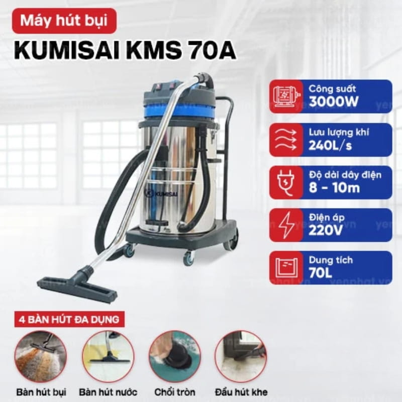 Máy hút bụi công nghiệp Kumisai KMS70A xử lý bụi khô và ướt hiệu quả 