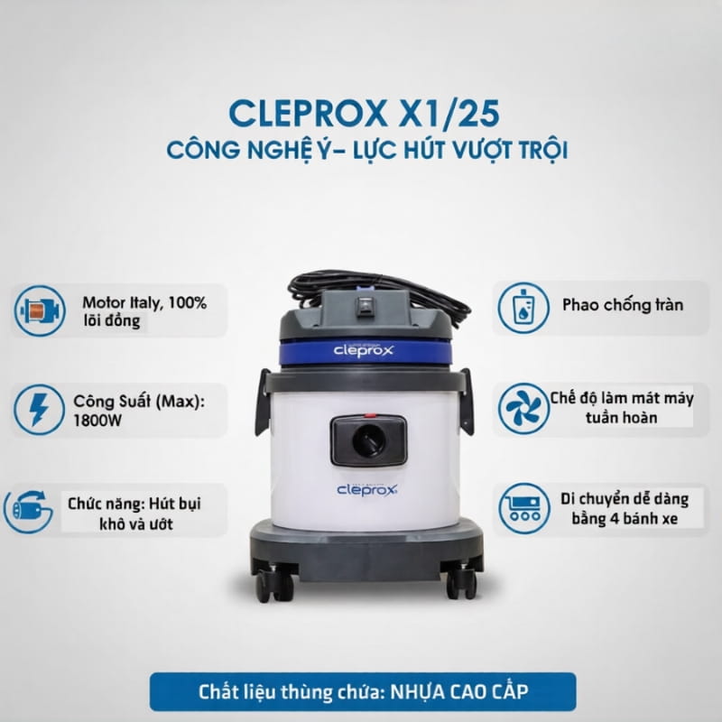 CleproX X-1/25 có khả năng xử lý hiệu quả cả bụi khô và ướt 