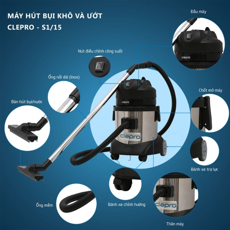 Cấu tạo của máy hút bụi khô và ướt Clepro S1/15 