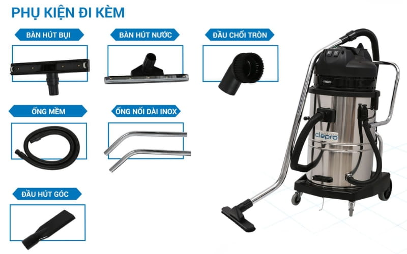 Máy hút bụi Clepro S2/60 được trang bị đầy đủ các phụ kiện cần thiết 