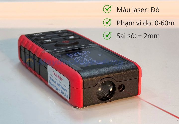 Total Meter E60 sử dụng tia laser đỏ có khả năng đo tới 60m