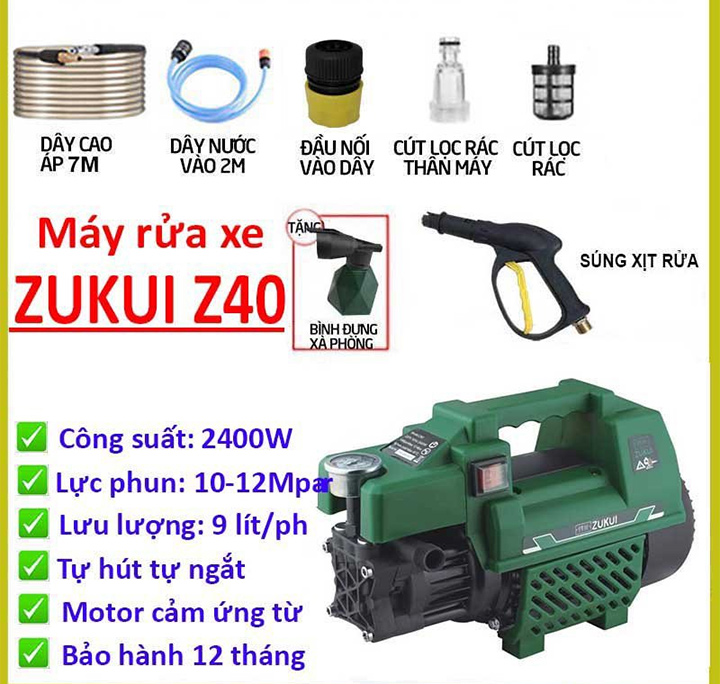 Máy rửa xe áp lực cao Zukui Z40 có đi kèm bình phun xà phòng Máy rửa xe áp lực cao Zukui Z40 có đi kèm bình phun xà phòng