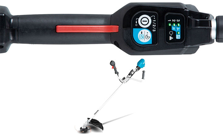 Bảng điều khiển ngay trên phần tay cầm của máy cắt cỏ Makita UR101CZ Bảng điều khiển ngay trên phần tay cầm của máy cắt cỏ Makita UR101CZ