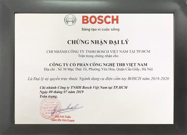 Chứng nhận Công ty THB là đại lý cấp I của Bosch 