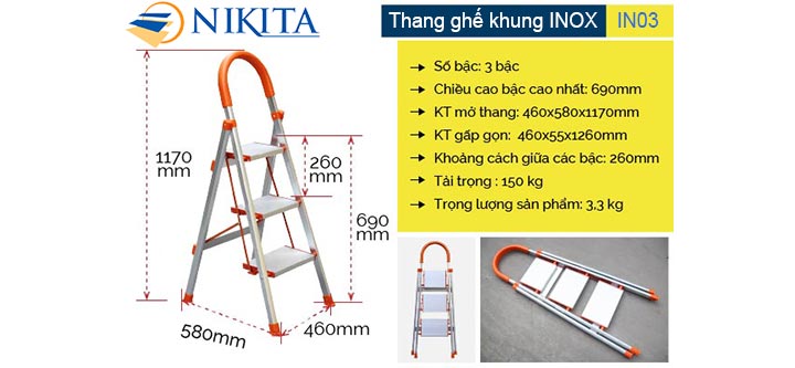 Kích thước của thang nhôm Nikita NKT IN03 Kích thước của thang nhôm Nikita NKT IN03