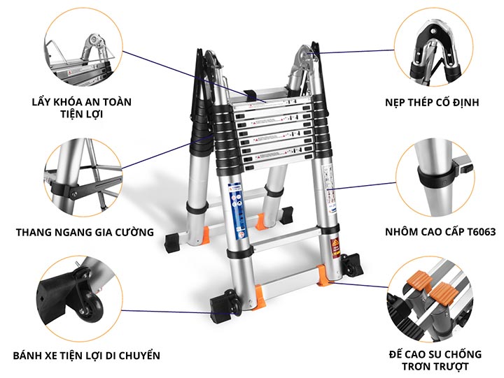 Chi tiết nổi bật trên Thang Nhôm Rút Đôi Chữ A HAKAWA HK-250