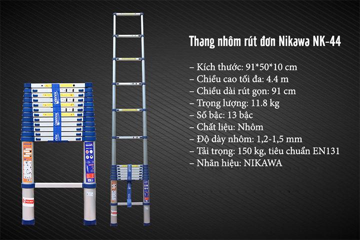 Thông tin chi tiết về thang nhôm rút đơn Nikawa NK-44