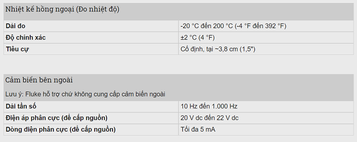 Thông số kỹ thuật về nhiệt kế hồng ngoại, cảm biến ngoài
