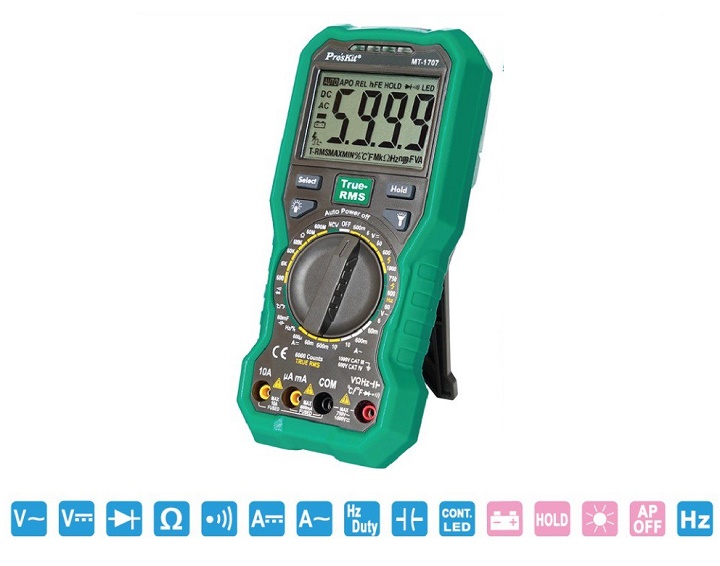 Đồng hồ vạn năng Pro’skit MT-1707 thiết kế đặc biệt TRUE RMS (ACV – ACA) giúp trả lại kết quả đo chính xác