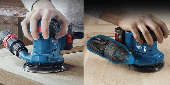 Bosch GEX 185-LI có thiết kế nhỏ gọn, tích hợp thêm túi chứa bụi