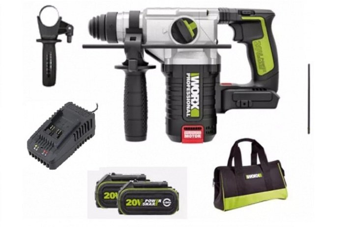 Bộ sản phẩm máy khoan búa dùng pin Worx Green WU388 Bộ sản phẩm máy khoan búa dùng pin Worx Green WU388