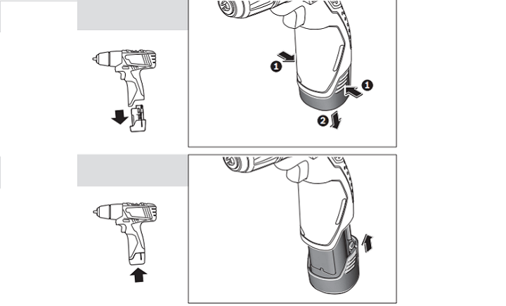 Tháo hoặc lắp pin cho máy GSB 120 LI Tháo hoặc lắp pin cho máy GSB 120 LI