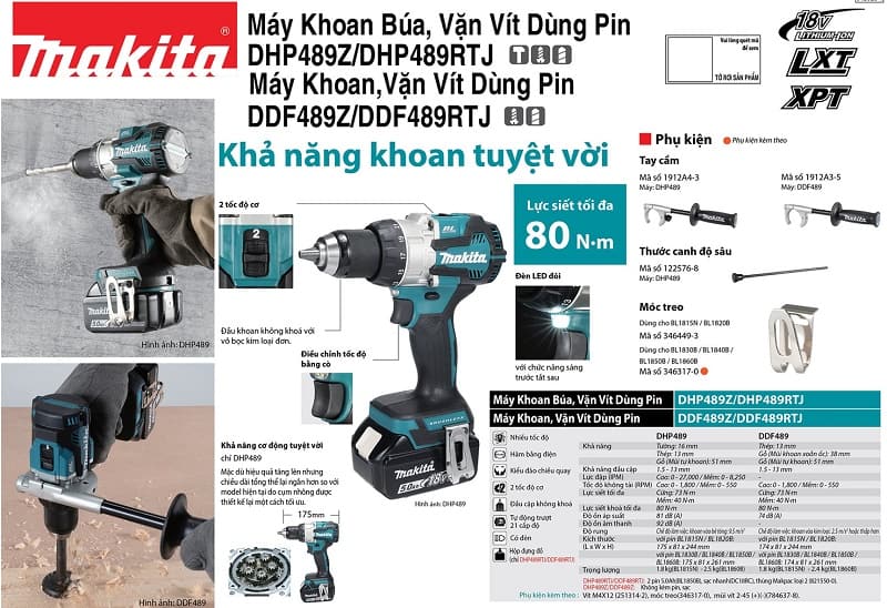 Máy khoan vặn vít Makita DDF489RTJ dùng động cơ không chổi than