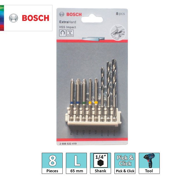 Bộ phụ kiện đầu vặn vít 65mm và mũi khoan Bosch 2608522419