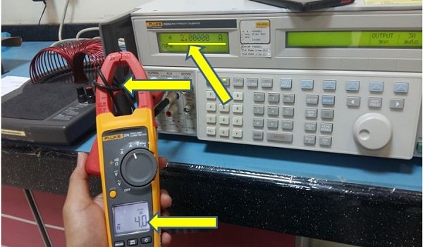 Dây dẫn kẹp vào hàm 2 vòng dẫn đến giá trị tăng gấp đôi. Đầu vào 2A dẫn đến đầu ra 4A được hiển thị bằng ampe kìm